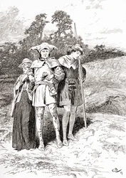 Szene aus William Shakespeares Stück Wie es euch gefällt, Akt II, Szene 4, Touchstone: Ja, jetzt bin ich in Arden, der größere Narr bin ich, aus Die Werke von William Shakespeare, veröffentlicht 1896